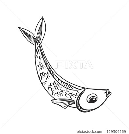 A toy in the form of a fish, for playing with pets, dogs and cats. Fish hand-drawn in ink and translated into vector. For printing on fabric, paper, for decorating pet food. Vector illustration 129504269