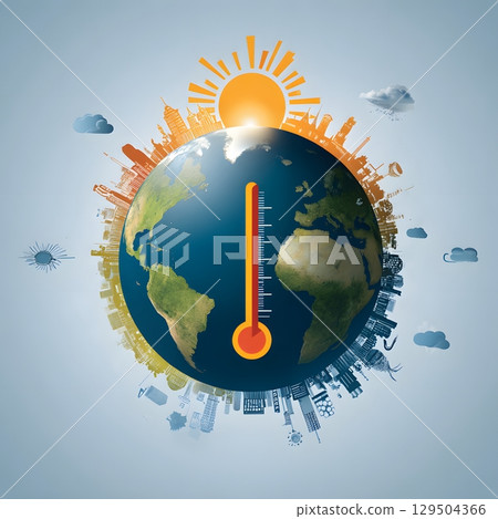 Illustrated Earth with thermometer and ozone shield, climate focus 129504366