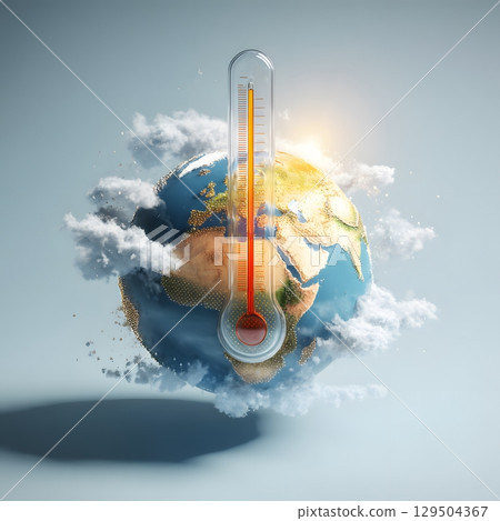 Illustrated Earth with thermometer and ozone shield, climate focus 129504367