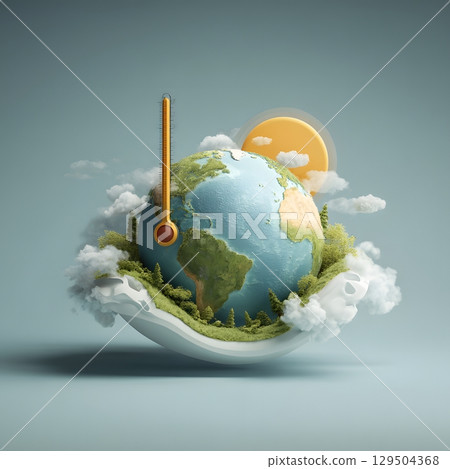Illustrated Earth with thermometer and ozone shield, climate focus 129504368