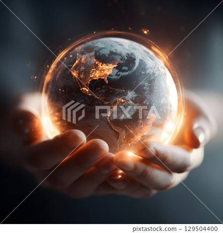 Hands holding the Earth with glowing atmospheric rings 129504400