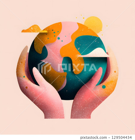 Holding Earth gently with open palms, clean and hopeful design 129504434