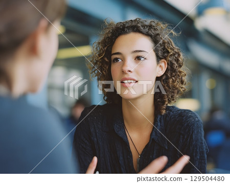 Young woman speaking with sign language interpreter in work setting 129504480