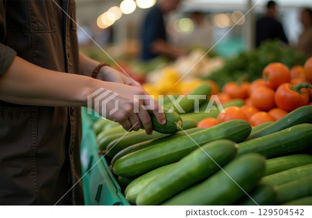 Woman buy cucumber market, close-up hands, vegetable emporium. AI Generative 129504542