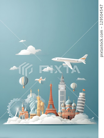 Flat vector of passport airplane and world landmarks for tourism celebration 129504547