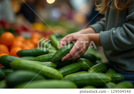 Woman buy cucumber market, close-up hands, vegetable emporium. AI Generative 129504548
