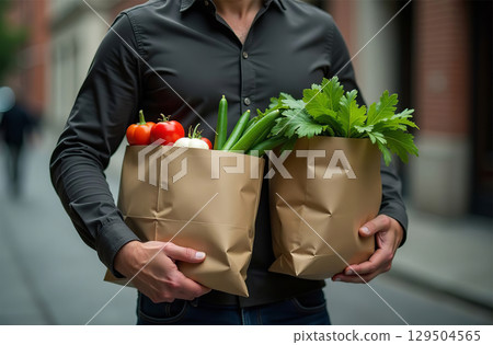 Man carry purchase in paper bag, vegetable and fruit from market. AI Generative 129504565
