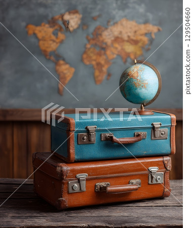 Suitcase and world map on wooden background for travel planning 129504660