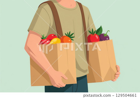 Man carry purchase in paper bag, vegetable and fruit from market. AI Generative 129504661