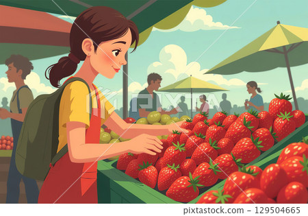 Woman buy strawberry market, close-up hands, berries emporium. AI Generative 129504665