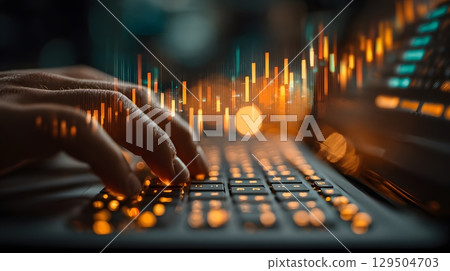 Close-up of hands typing on keyboard with finance graphs floating 129504703