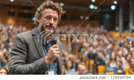 Motivated speaker giving keynote at business seminar 129504704