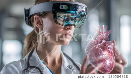 female doctor wearing AR headset viewing 3D anatomy, future healthcare, 129504818