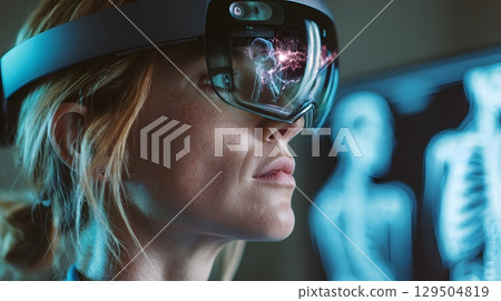 female doctor wearing AR headset viewing 3D anatomy, future healthcare, female doctor wearing AR headset viewing 3D anatomy, future healthcare, 129504819