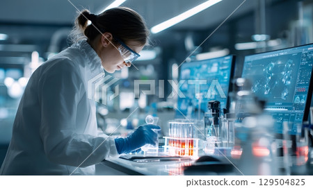 medical researcher working in high-tech lab with test tubes, 129504825