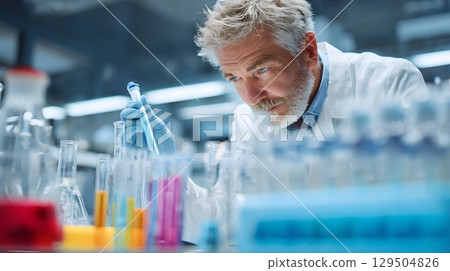 medical researcher working in high-tech lab with test tubes, 129504826