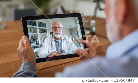 online health consultation on tablet between doctor and senior, 129504947