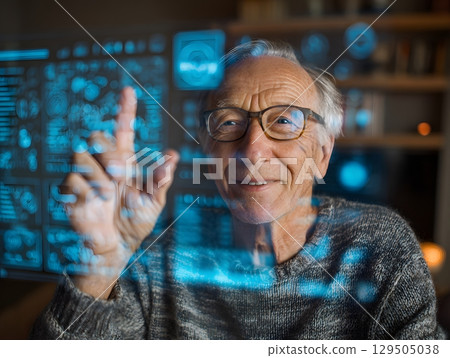 elderly man touching virtual AI assistant screen with happy expression 129505038