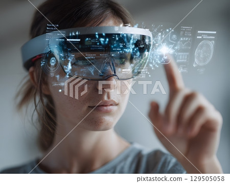 woman wearing AR glasses and interacting with AI UI elements 129505058
