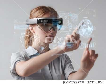 woman wearing AR glasses and interacting with AI UI elements 129505059