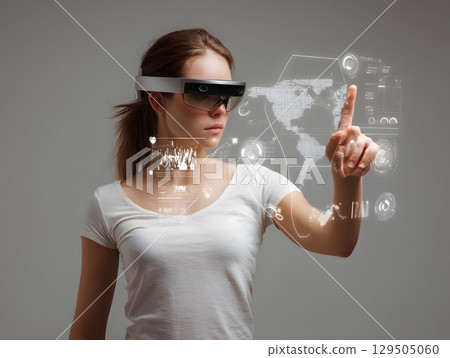 woman wearing AR glasses and interacting with AI UI elements woman wearing AR glasses and interacting with AI UI elements 129505060