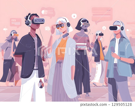 people wearing headsets interacting with AI avatars 129505128