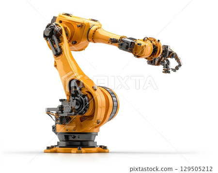 industrial robotic arm extended forward, sharp shadows on white background industrial robotic arm extended forward, sharp shadows on white background 129505212