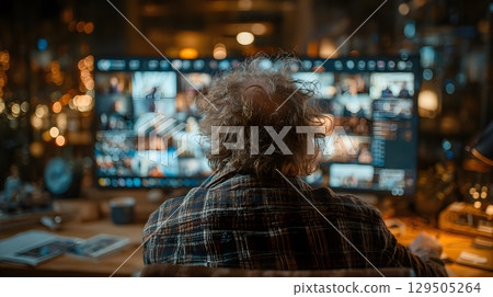 man presenting slides on screen in remote webinar, office background blurred 129505264