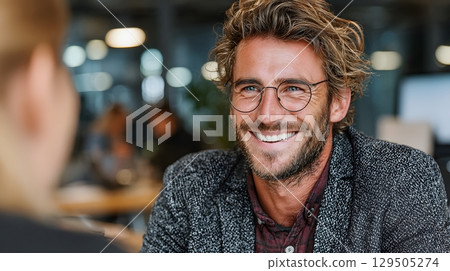 recruiter explaining company benefits to job applicant, clean office background 129505274