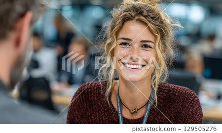 recruiter explaining company benefits to job applicant, clean office background 129505276