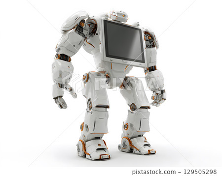 concept robot with touchscreen torso, full body view on white 129505298