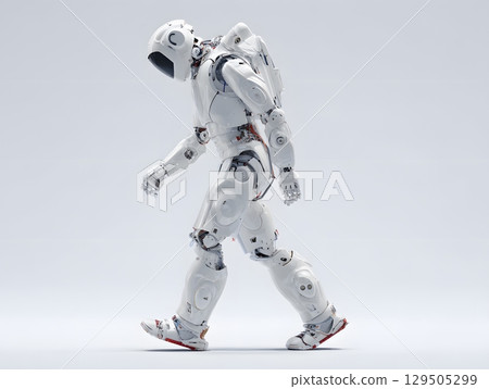 side view of humanoid robot walking in place, minimal white backdrop 129505299