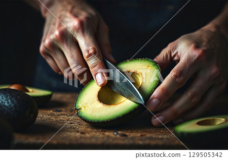Cook cutting avocado vegetable kitchen, cooking food restaurant. AI Generative 129505342