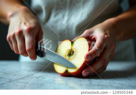 Cook cutting apple fruit in kitchen, cooking food in restaurant. AI Generative Cook cutting apple fruit in kitchen, cooking food in restaurant. AI Generative 129505348