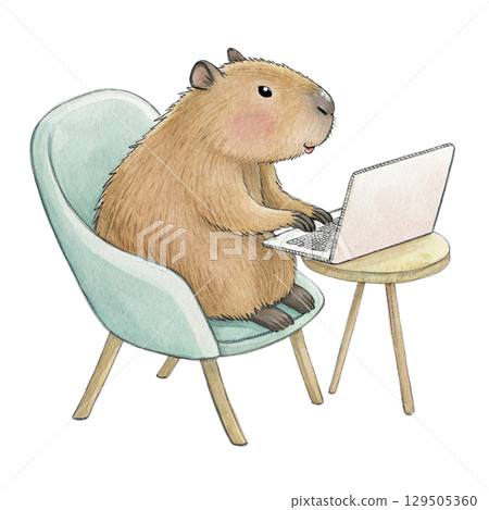 The cutest animals in the world Sitting on a Laptop  Watercolor White Background  129505360