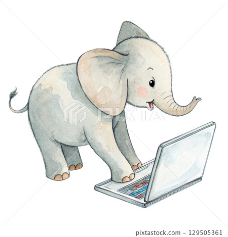 The cutest animals in the world Sitting on a Laptop  Watercolor White Background  129505361