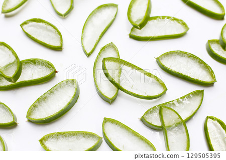 Sliced aloe vera pieces with translucent gel 129505395