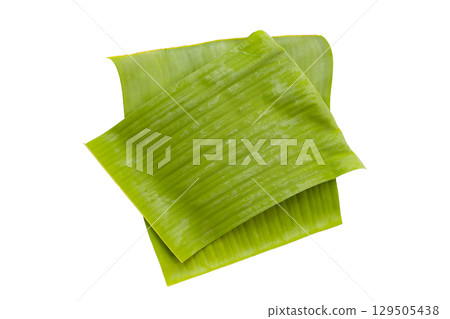 Banana leaves on a white background, commonly used in traditional cooking. 129505438