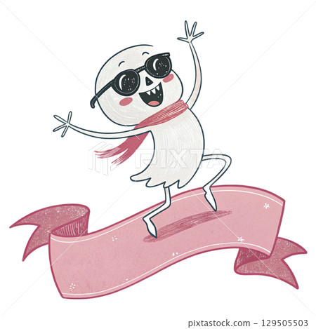 Cute Skeleton Ghost Kawaii with Glasses Blank Ribbon Banner Digital Art  White Background 129505503