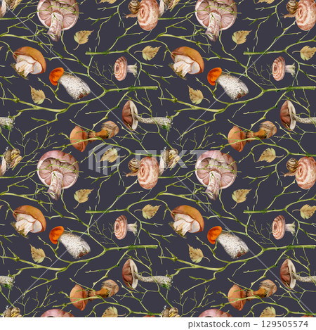 Birch bolete cep russula suillus milk-cap mushroom, fallen autumn leaves snails. Watercolor hand drawn seamless pattern. Brambles twisting branches twigs. Packaging wrapping origami isolated on dark Birch bolete cep russula suillus milk-cap mushroom, fallen autumn leaves snails. Watercolor hand drawn seamless pattern. Brambles twisting branches twigs. Packaging wrapping origami isolated on dark 129505574
