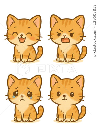 一隻有著各種表情的貓的插圖 129505815