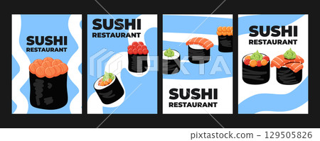 Set of vector illustrated advertising banners, posters, placards, and leaflets with Japanese cuisine. Traditional Asian food including sushi, rolls. Perfect for Asian restaurant branding promotion Set of vector illustrated advertising banners, posters, placards, and leaflets with Japanese cuisine. Traditional Asian food including sushi, rolls. Perfect for Asian restaurant branding promotion 129505826