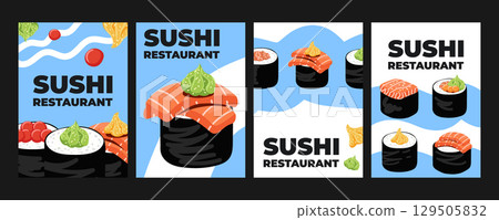Set of vector illustrated advertising banners, posters, placards, and leaflets with Japanese cuisine. Traditional Asian food including sushi, rolls. Perfect for Asian restaurant branding promotion Set of vector illustrated advertising banners, posters, placards, and leaflets with Japanese cuisine. Traditional Asian food including sushi, rolls. Perfect for Asian restaurant branding promotion 129505832