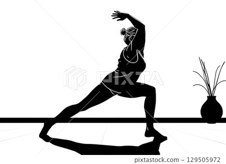 Illustration of an old woman silhouette practicing Yoga, Demonstrating Flexibility and Strength with a Serene Background for Wellness and Mindfulness Themes 129505972