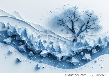 Abstract 3D winter landscape with frozen river and bare tree surrounded by geometric ice crystals, symbolizing cold season, nature, and tranquility in a modern artistic style 129505973