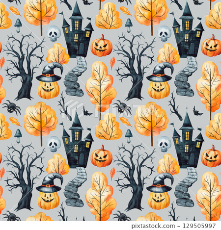 Watercolor haunted house pattern with pumpkins trees skulls bats and witch hats on white spooky background Watercolor haunted house pattern with pumpkins trees skulls bats and witch hats on white spooky background 129505997