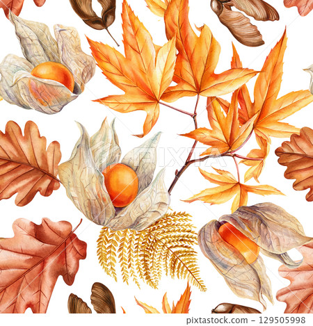 Watercolor autumn pattern with physalis maple oak leaves fern acorn in orange brown yellow seasonal botanical for print, wrapping 129505998