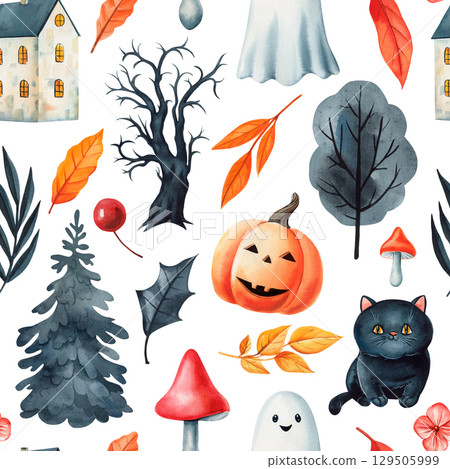 Watercolor pattern with ghost black cat pumpkin haunted tree houses mushrooms and autumn leaves on white for textile, wallpaper Watercolor pattern with ghost black cat pumpkin haunted tree houses mushrooms and autumn leaves on white for textile, wallpaper 129505999