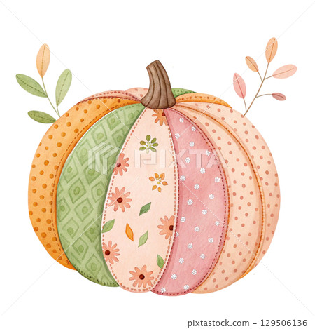 Patchwork Pumpkin Watercolor Style White Background  129506136