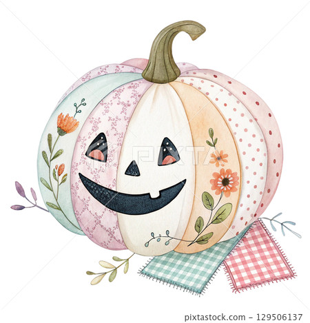 Patchwork Pumpkin Watercolor Style White Background  129506137